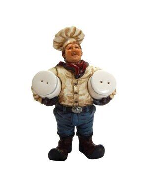 Whimsical Resin Cowboy Chef with Ceramic Salt & Pepper Shaker Picnic BBQ Western